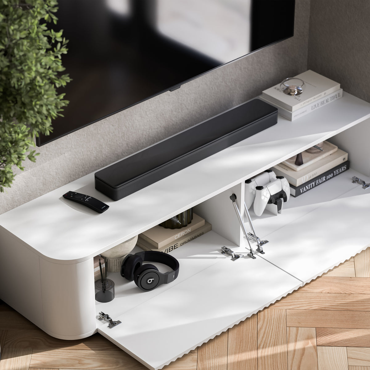 Aurora Rounded Corner Fluted TV Unit 140cm Glamour Style with Floor Pads - White