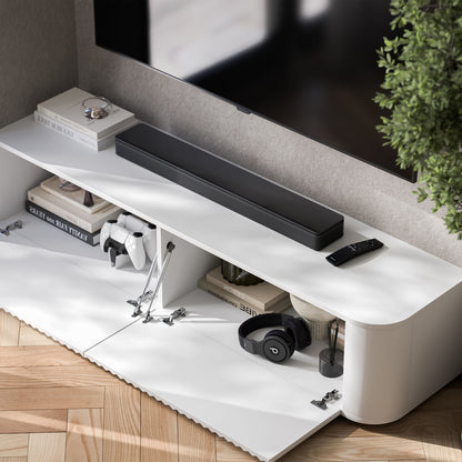 Aurora Rounded Corner Fluted TV Unit 140cm Glamour Style with Floor Pads - White