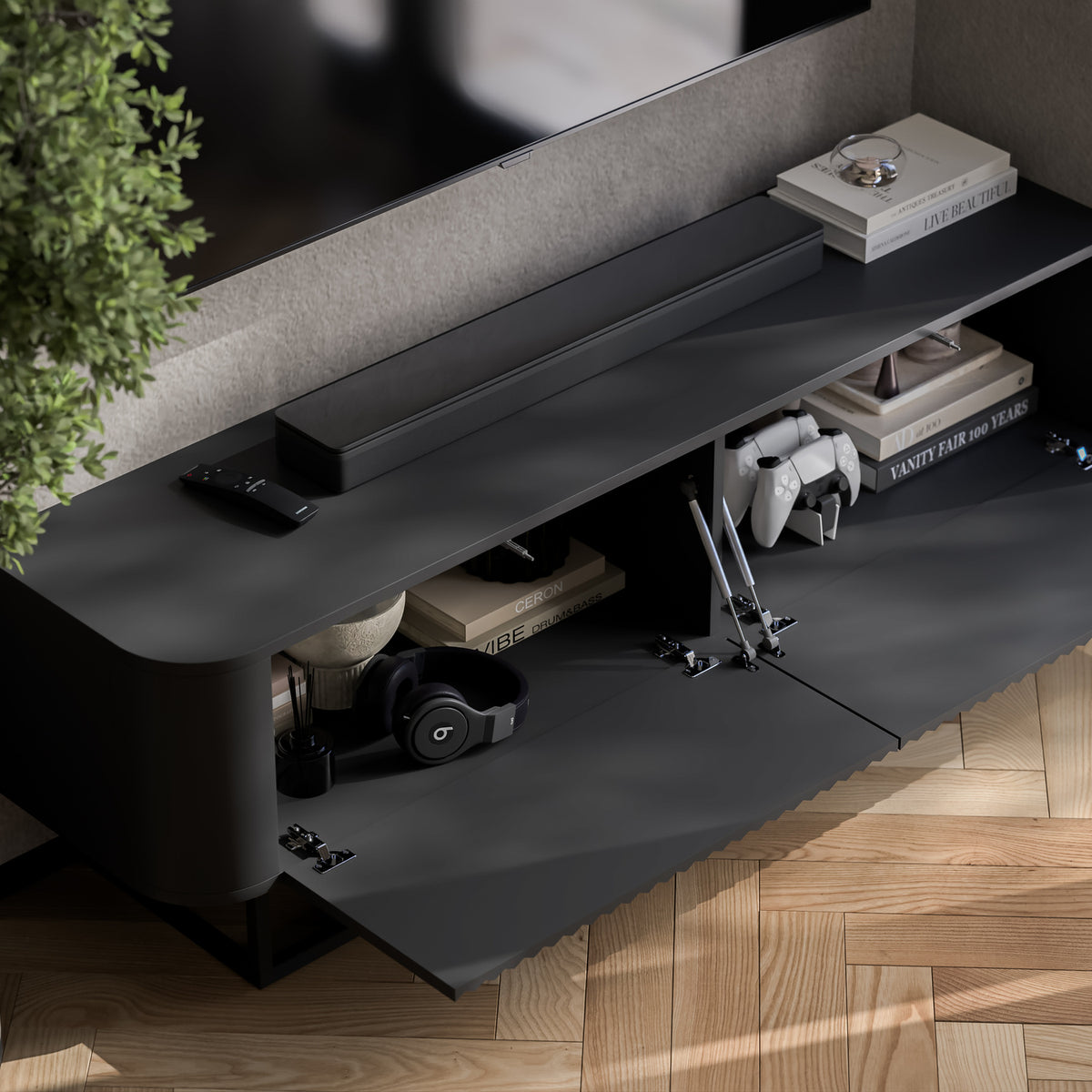 Aurora Rounded Corner Fluted TV Unit 140cm Glamour Style with Frame Stand - Black / Black