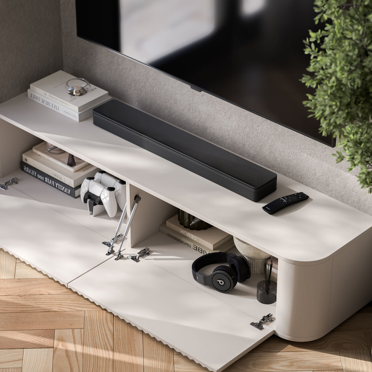 Aurora Rounded Corner Fluted TV Unit 140cm Glamour Style with Floor Pads - Cashmere