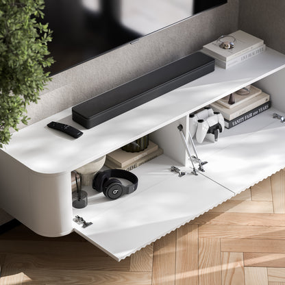 Aurora Rounded Corner Wall Mounted Flutted TV Unit 140cm Glamour Style - White