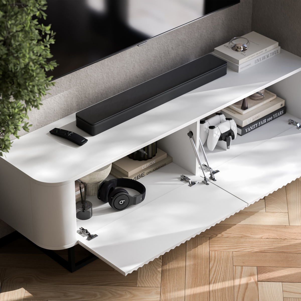 Aurora Rounded Corner Fluted TV Unit 140cm Glamour Style with Frame Stand - White / Black