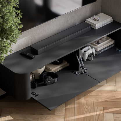 Aurora Rounded Corner Wall Mounted Flutted TV Unit 140cm Glamour Style - Black