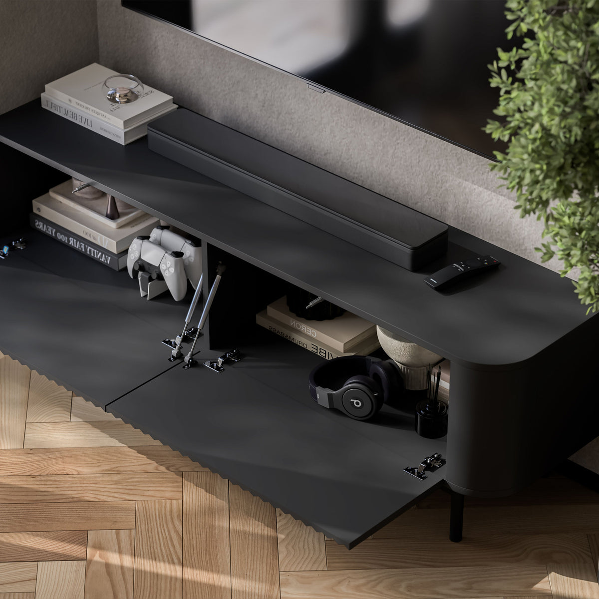 Aurora Rounded Corner Fluted TV Unit 140cm Glamour Style with Frame Legs - Black / Black