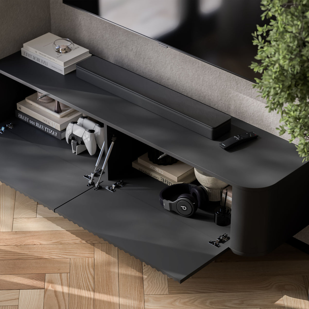 Aurora Rounded Corner Wall Mounted Flutted TV Unit 140cm Glamour Style - Black