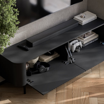 Aurora Rounded Corner Fluted TV Unit 140cm Glamour Style with Frame Legs - Black / Black