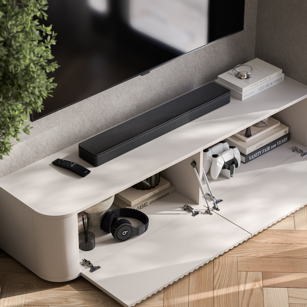 Aurora Rounded Corner Fluted TV Unit 140cm Glamour Style with Floor Pads - Cashmere
