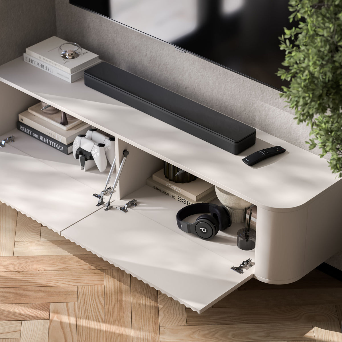 Aurora Rounded Corner Wall Mounted Flutted TV Unit 140cm Glamour Style - Cashmere