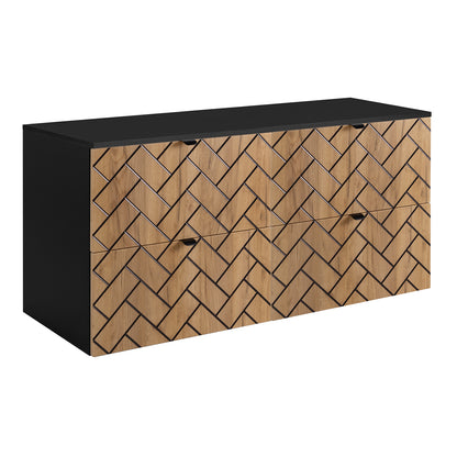 Trend Herringbone Pattern Door 120cm Bathroom Cabinet Vanity Unit with Worktop - Gold Craft Oak / Black