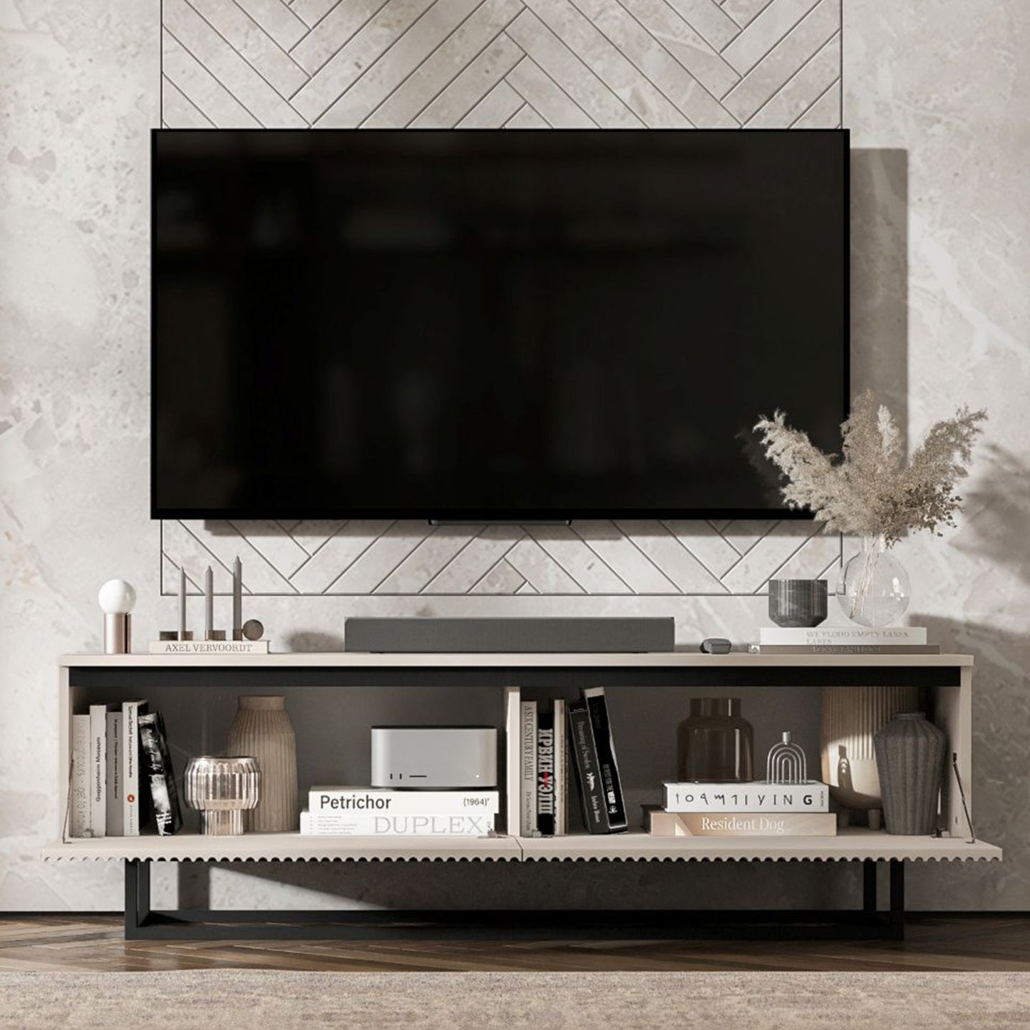 Selene Modern Ribbed-Texture TV Unit with Storage – Cashmere / Black Frame