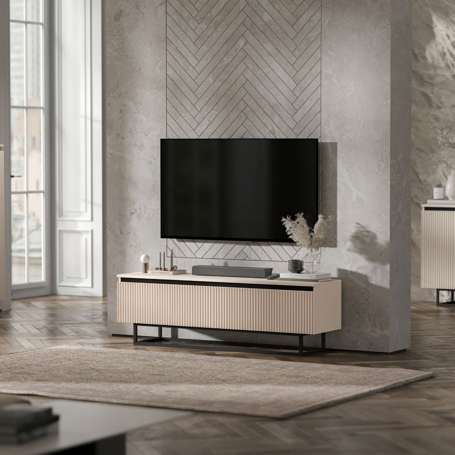 Selene Modern Ribbed-Texture TV Unit with Storage – Cashmere / Black Frame