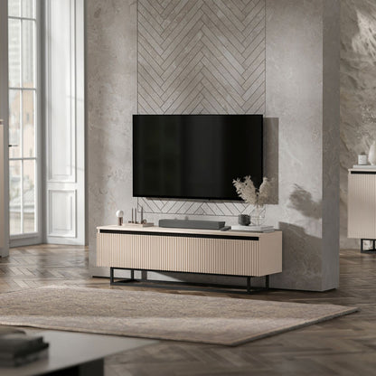 Selene Modern Ribbed-Texture TV Unit with Storage – Cashmere / Black Frame