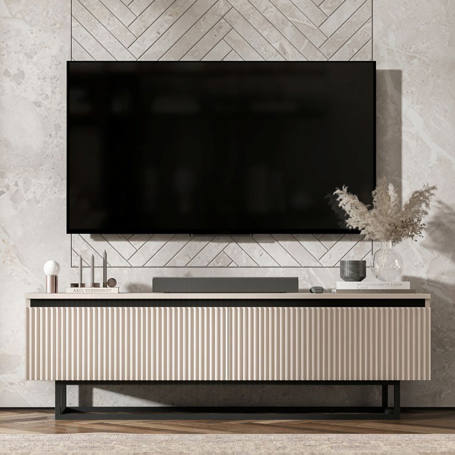 Selene Modern Ribbed-Texture TV Unit with Storage – Cashmere / Black Frame