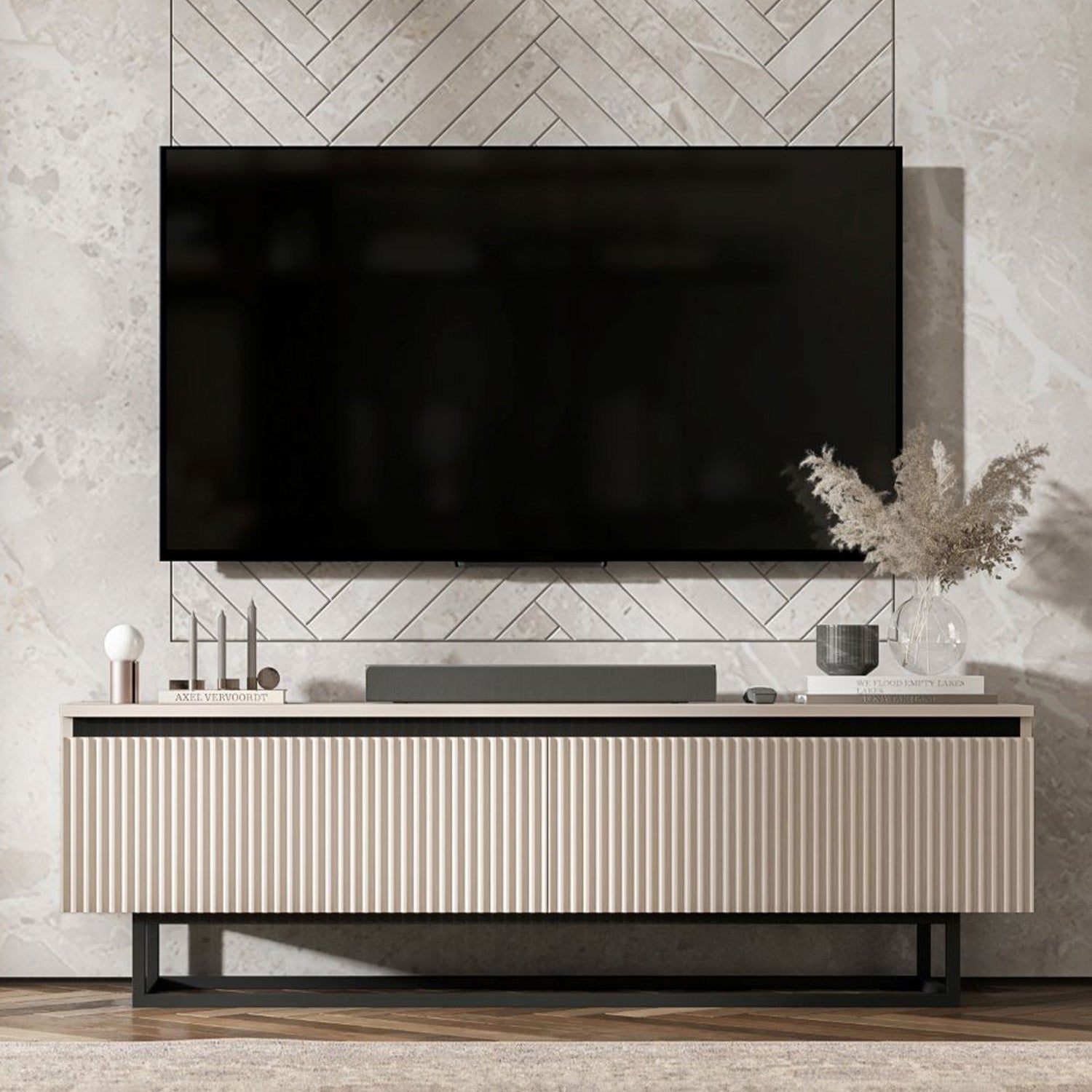 Selene Modern Ribbed-Texture TV Unit with Storage – Cashmere / Black Frame