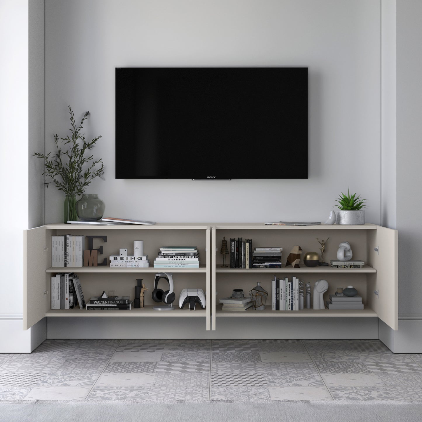 Elpis Glamour Wall-Mounted TV Cabinet with Storage 4D 150cm - Cashmere Matt