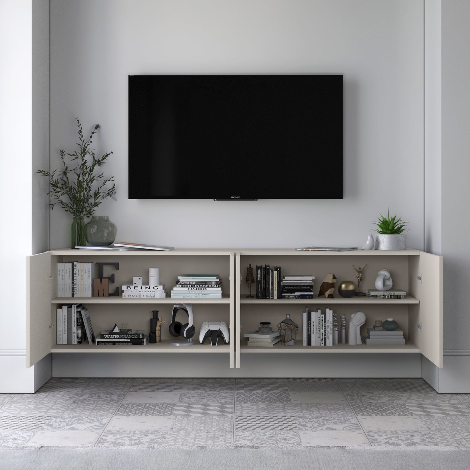 Elpis Glamour Wall-Mounted TV Cabinet with Storage 4D 150cm - Cashmere Matt