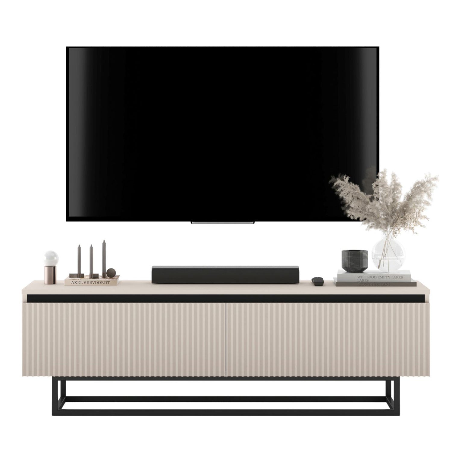 Selene Modern Ribbed-Texture TV Unit with Storage – Cashmere / Black Frame