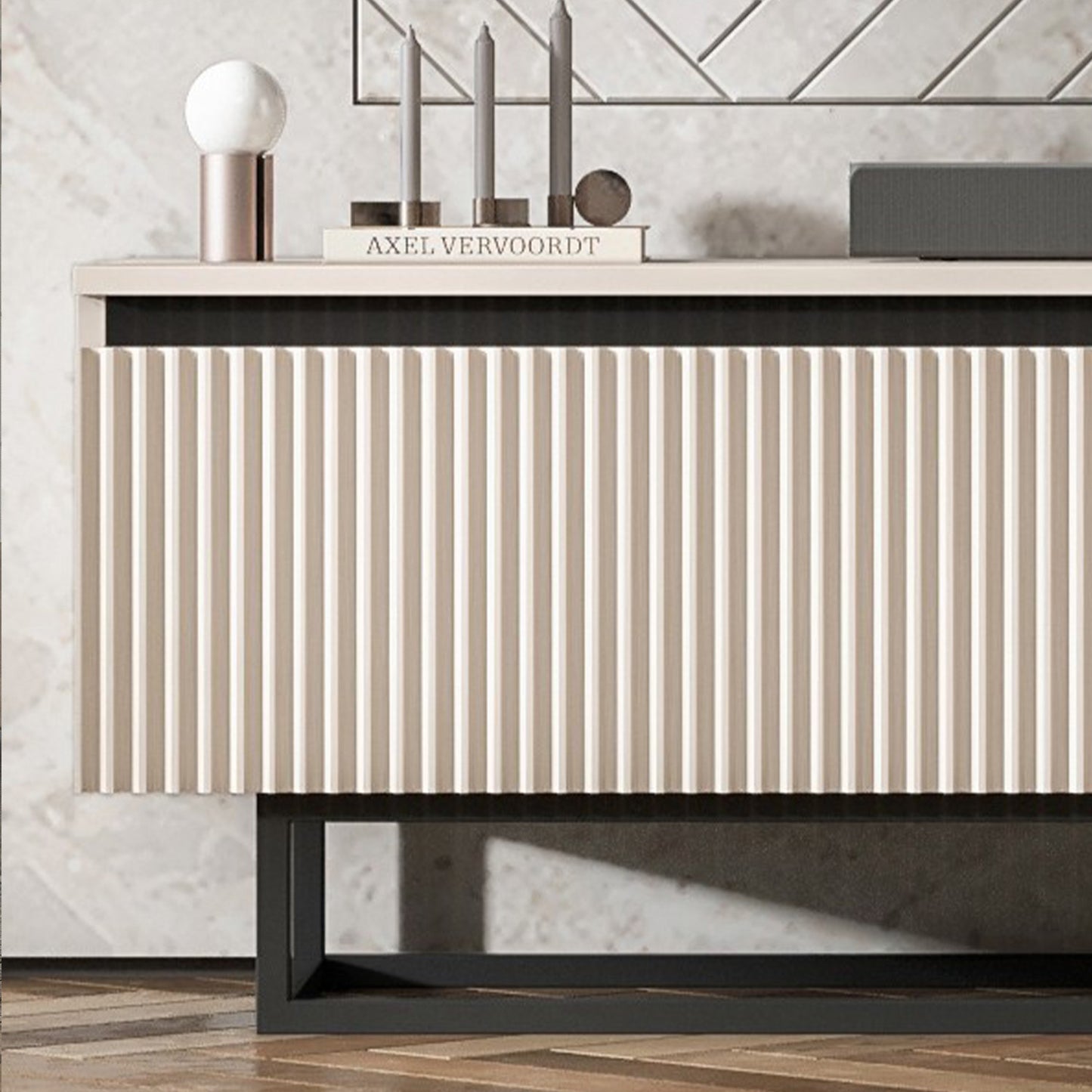 Selene Modern Ribbed-Texture TV Unit with Storage – Cashmere / Black Frame