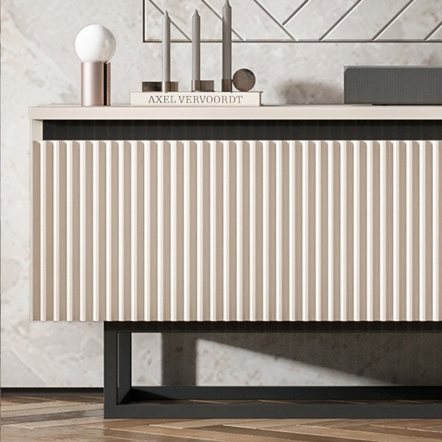 Selene Modern Ribbed-Texture TV Unit with Storage – Cashmere / Black Frame