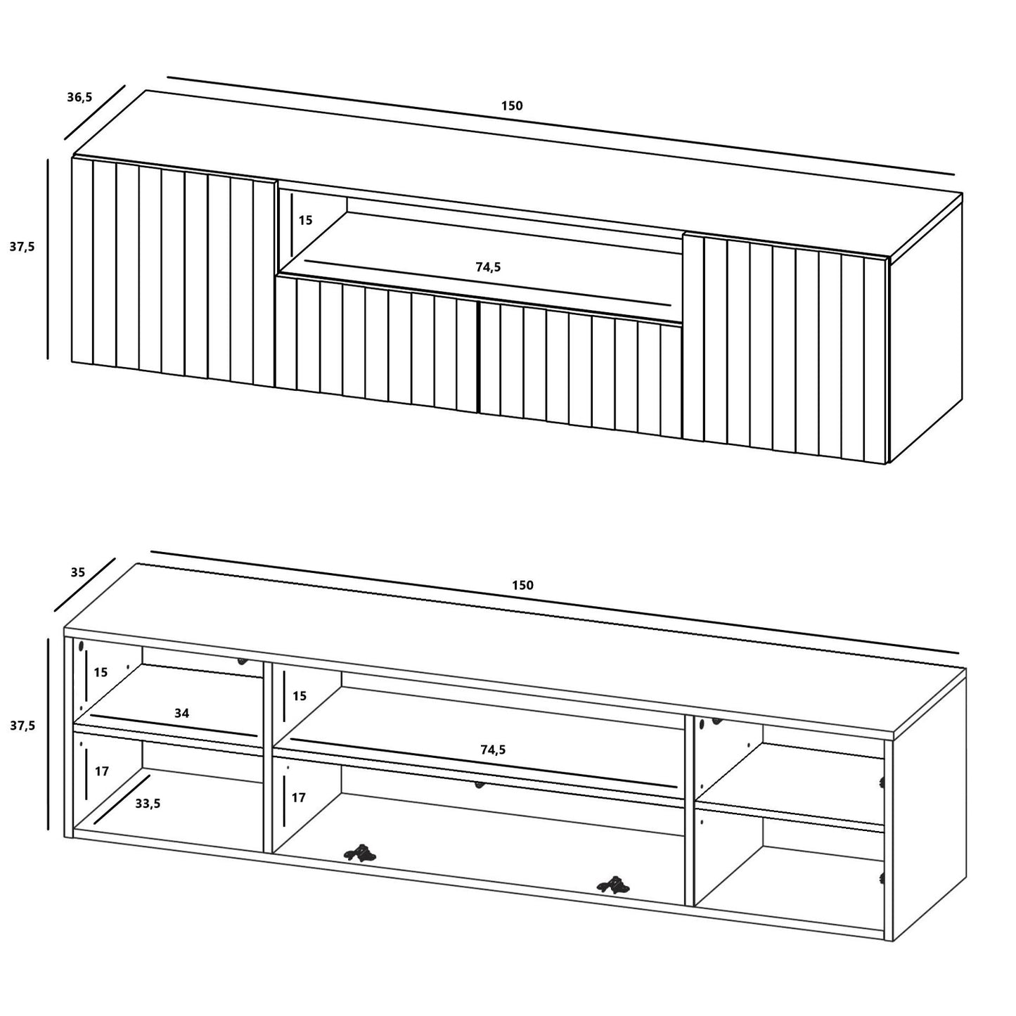 Elpis Glamour Wall-Mounted TV Cabinet with Storage 2D1K 150cm - Cashmere Matt