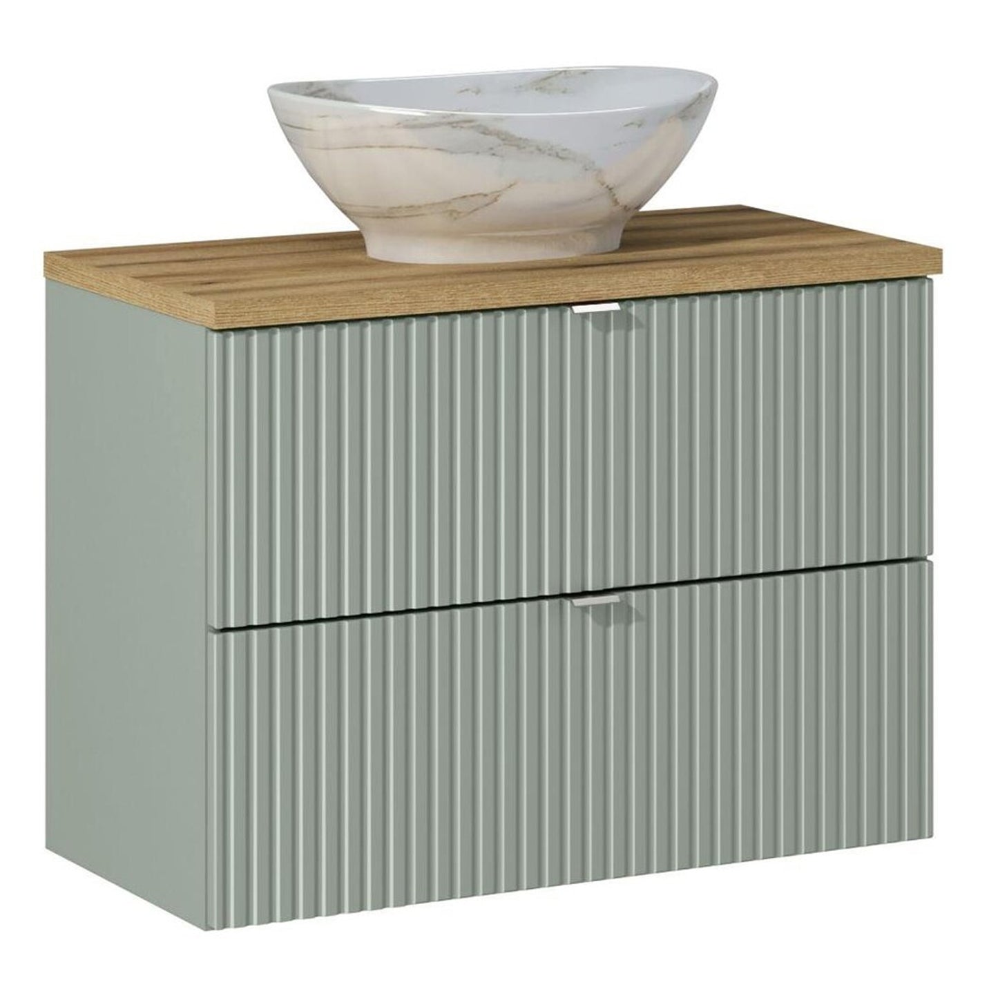 Line Reed Bathroom Wall Mounted 80cm Vanity Unit Set with Tall Cabinet and Worktop Basin - Sage / Oak