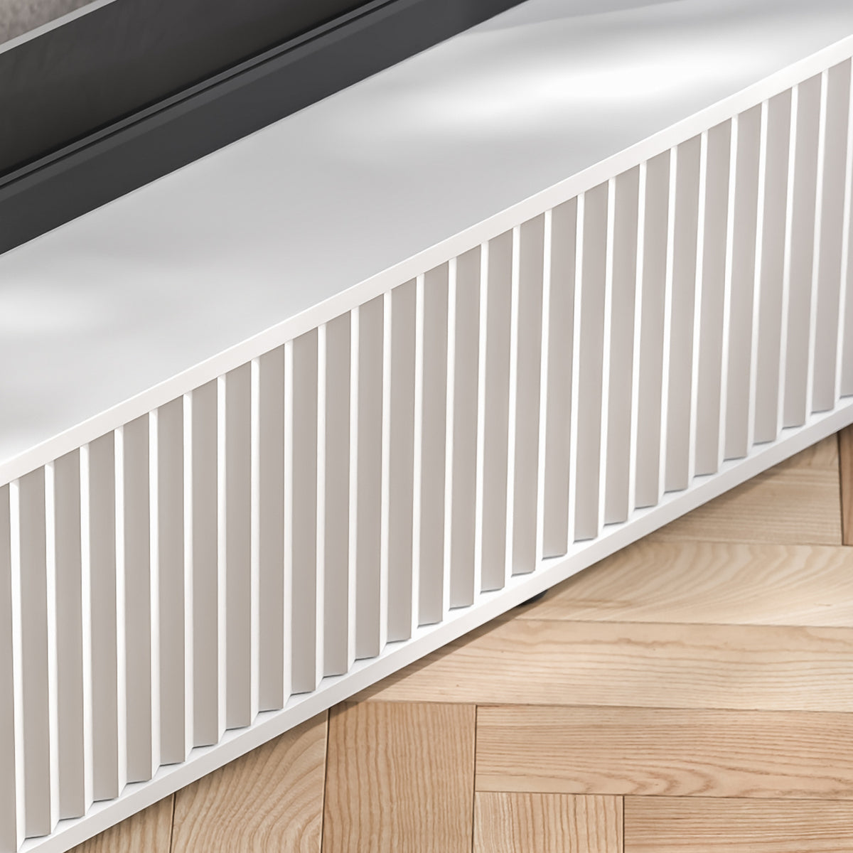 Aurora Rounded Corner Fluted TV Unit 140cm Glamour Style with Floor Pads - White