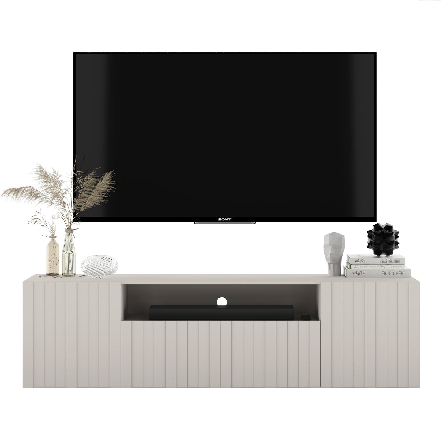 Elpis Glamour Wall-Mounted TV Cabinet with Storage 2D1K 150cm - Cashmere Matt