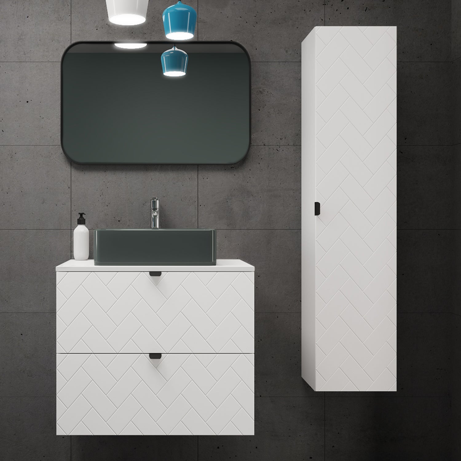 Trend Herringbone Pattern Door Bathroom Cabines Vanity Units Set with Worktop 60cm & 35cm - White