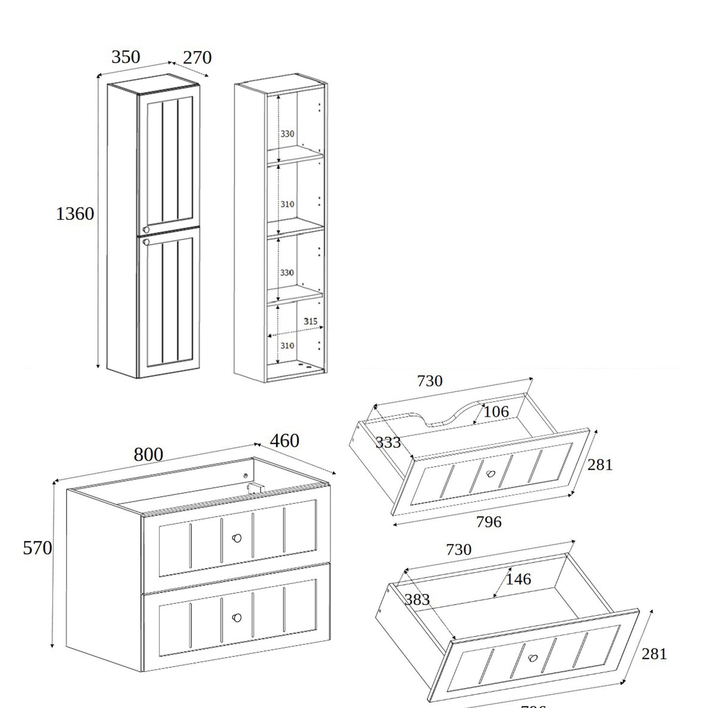 Gusto Scandi Style Bathroom Wall Cabinets Vanity Unit with Worktop Set 35cm & 80cm - Black