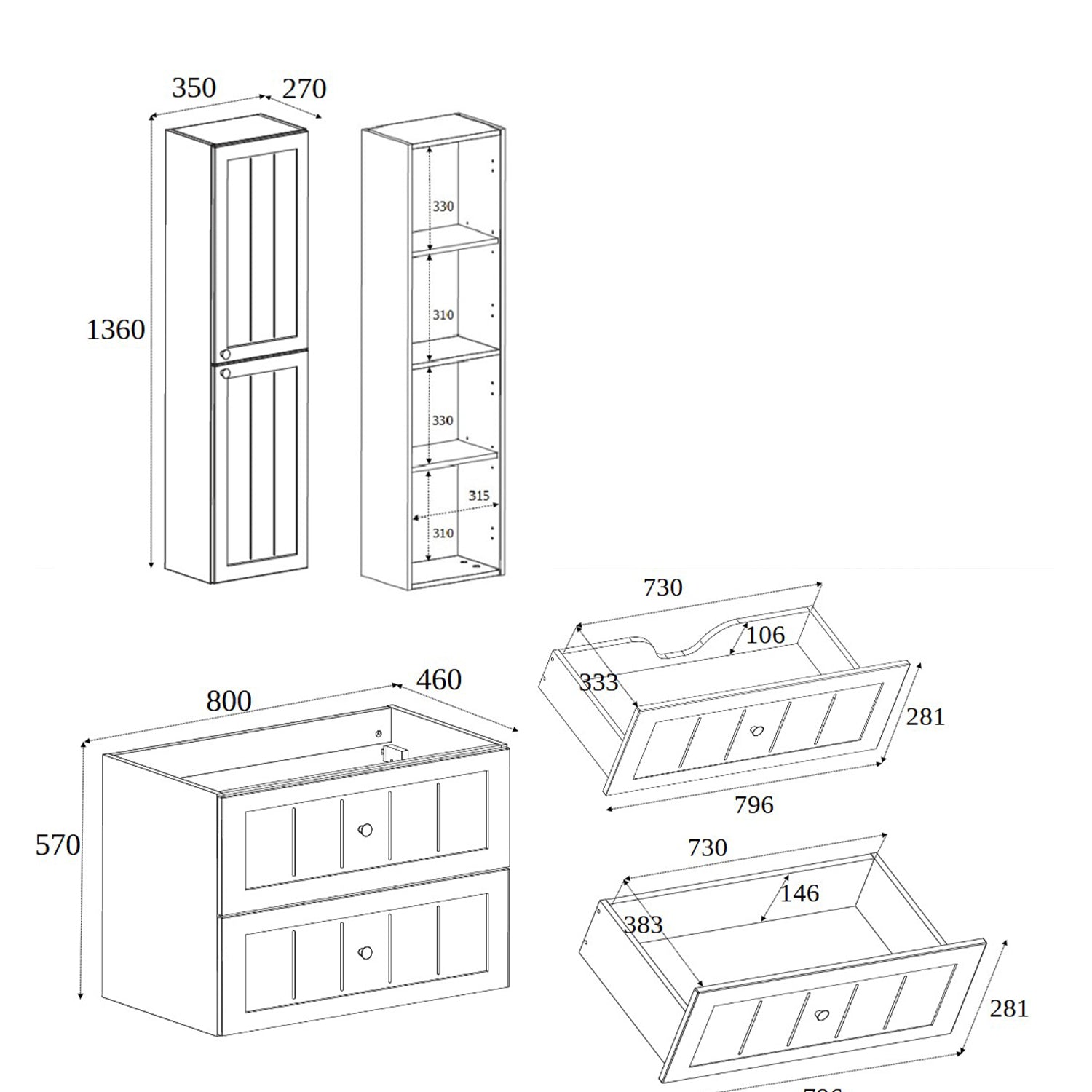 Gusto Scandi Style Bathroom Wall Cabinets Vanity Unit with Worktop Set 35cm & 80cm - Black