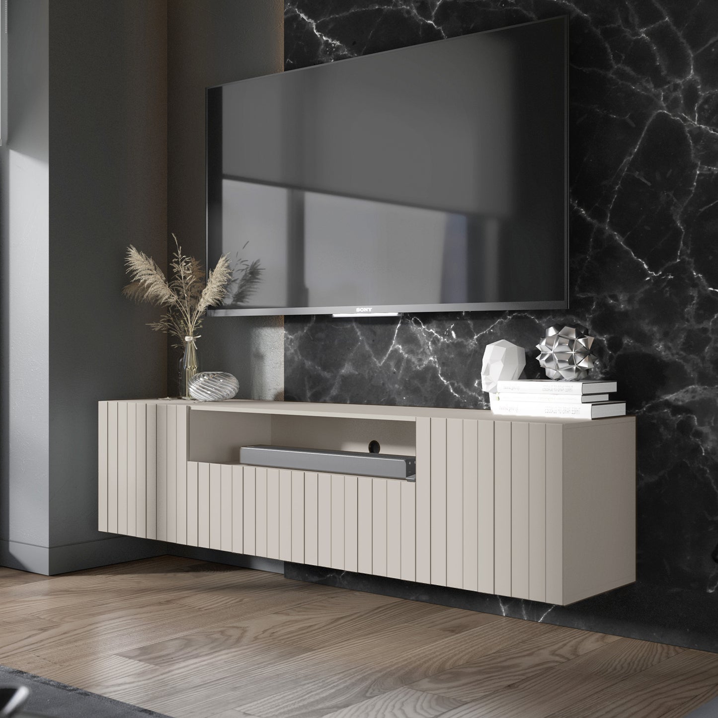 Elpis Glamour Wall-Mounted TV Cabinet with Storage 2D1K 150cm - Cashmere Matt