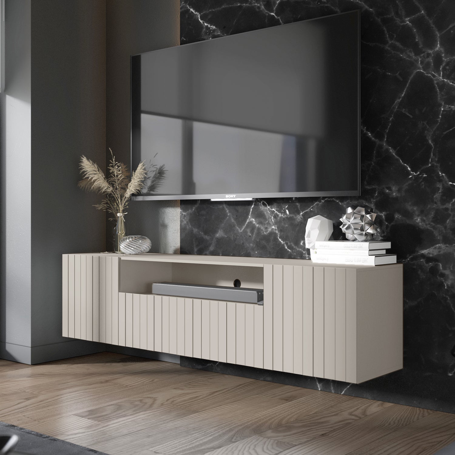 Elpis Glamour Wall-Mounted TV Cabinet with Storage 2D1K 150cm - Cashmere Matt