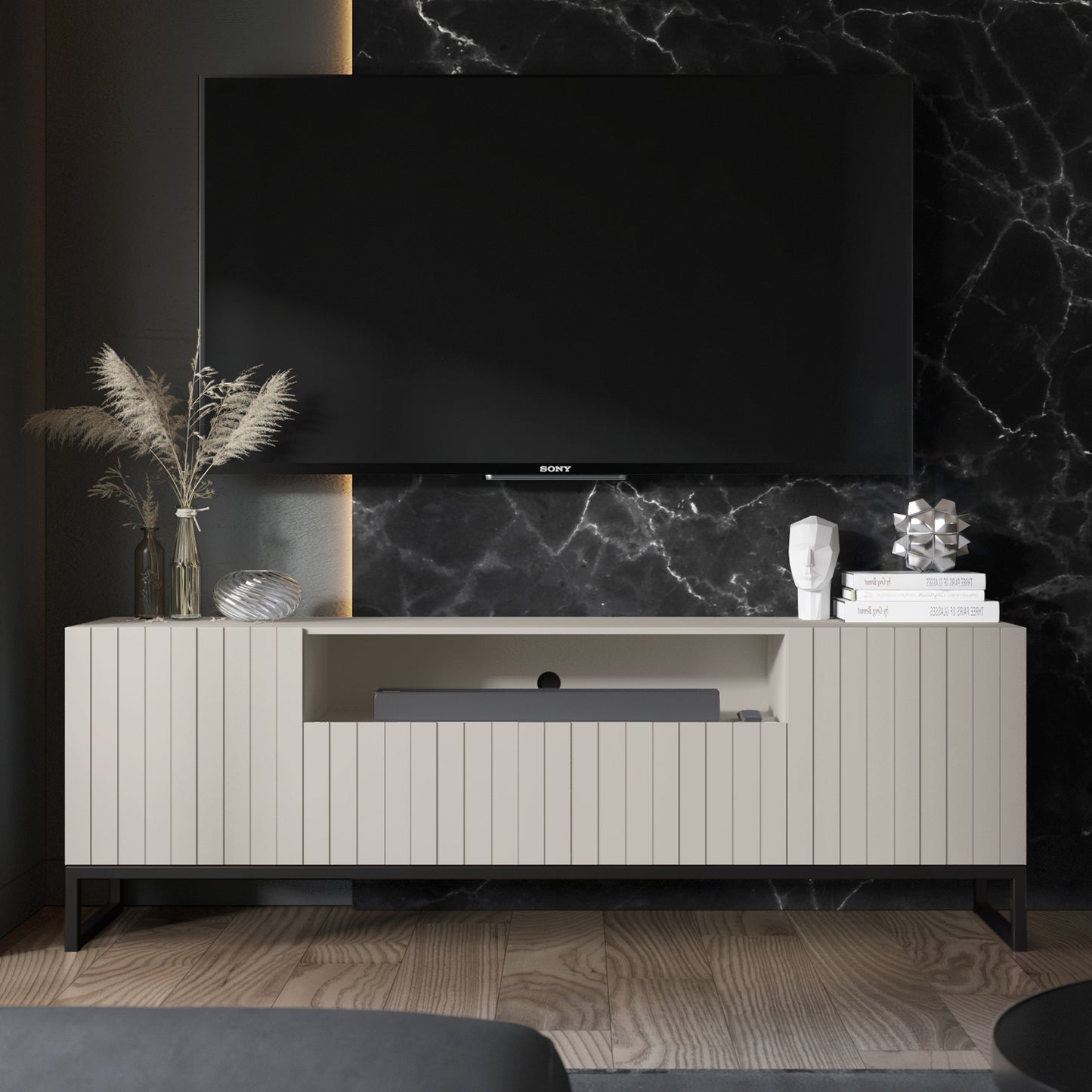 Elpis Glamour Wall-Mounted TV Cabinet with Storage 2D1K 150cm - Cashmere Matt