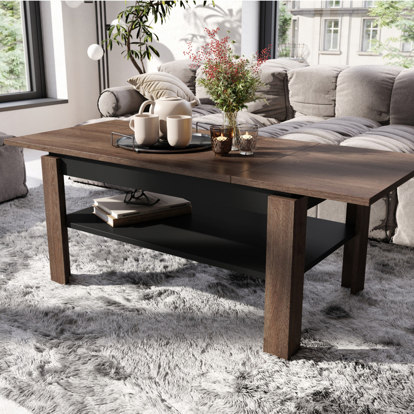 Asti-R Extending Coffee Table Contemporary Style - Brown Oak / Black Matt