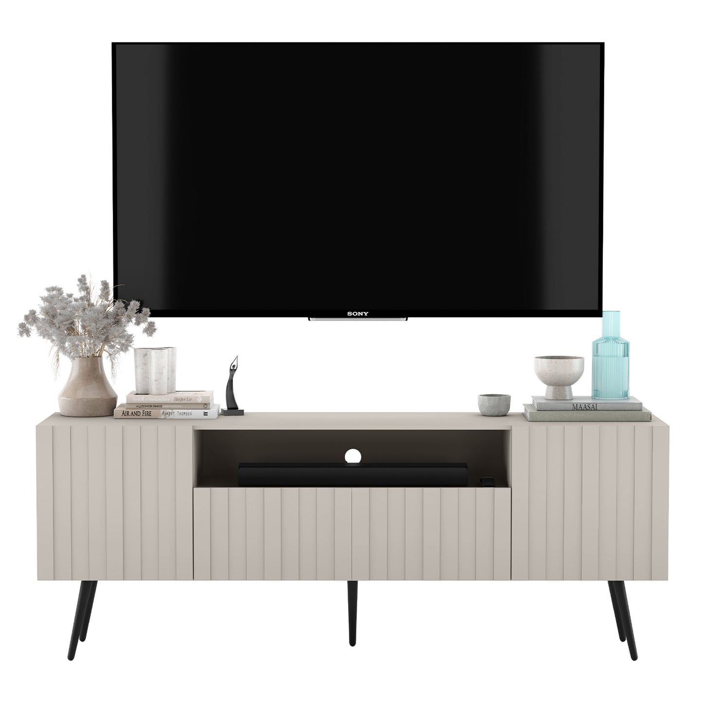Elpis Glamour Standing TV Cabinet Media Unit with Storage 2D1K 150cm - Cashmere Matt / Black Legs