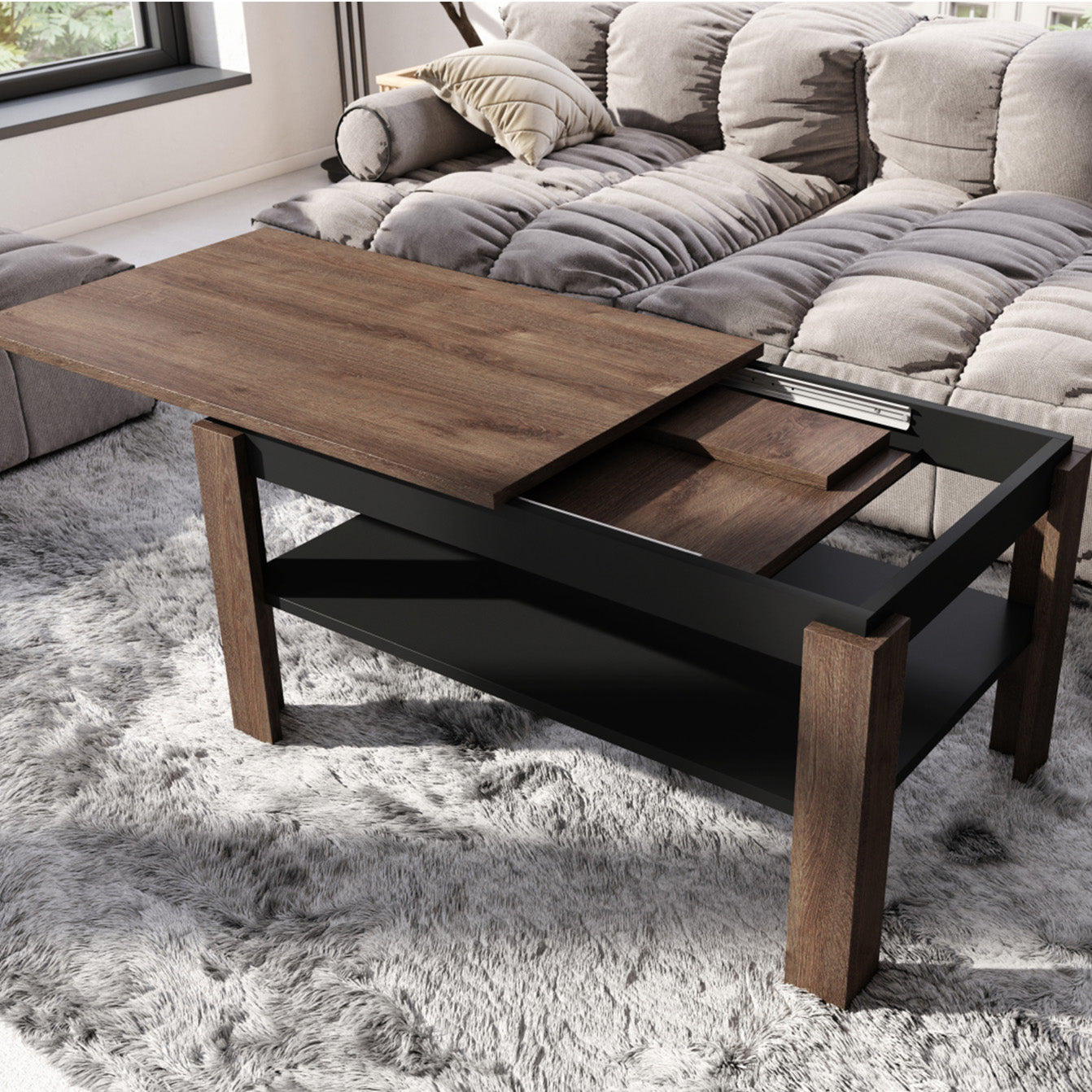 Asti-R Extending Coffee Table Contemporary Style - Brown Oak / Black Matt