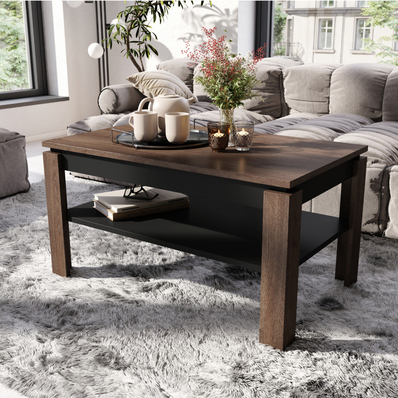 Asti-R Extending Coffee Table Contemporary Style - Brown Oak / Black Matt