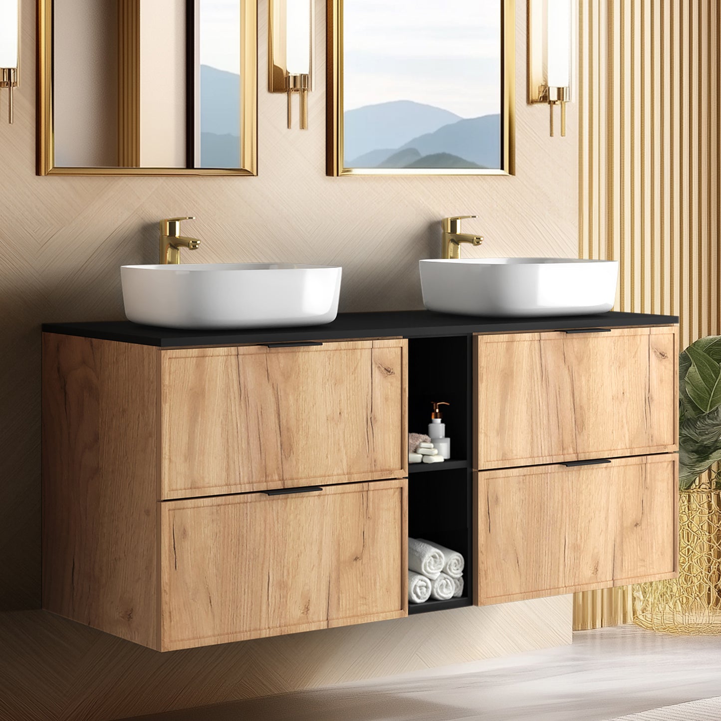 Simple Modern 4 Drawer Bathroom Cabinet Vanity Unit with Extra Storage 140cm with Worktop - Gold Craft Oak