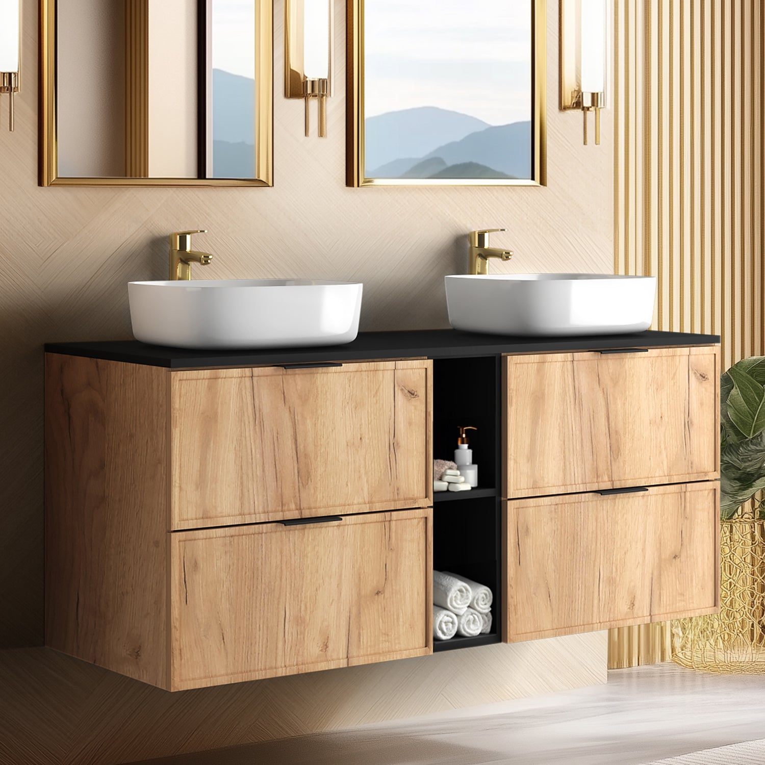 Simple Modern 4 Drawer Bathroom Cabinet Vanity Unit with Extra Storage 140cm with Worktop - Gold Craft Oak