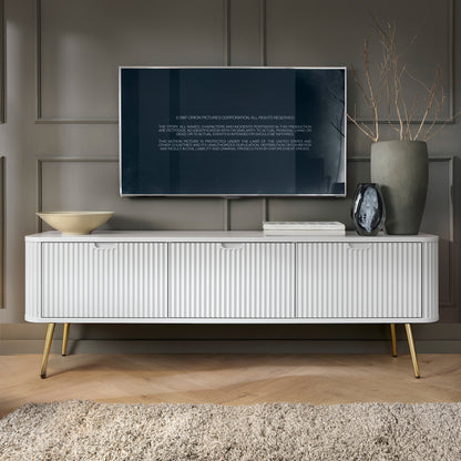 Signe Ribbed Elegant TV Unit - White / Gold Legs