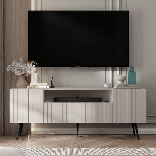 Elpis Glamour Standing TV Cabinet Media Unit with Storage 2D1K 150cm - Cashmere Matt / Black Legs