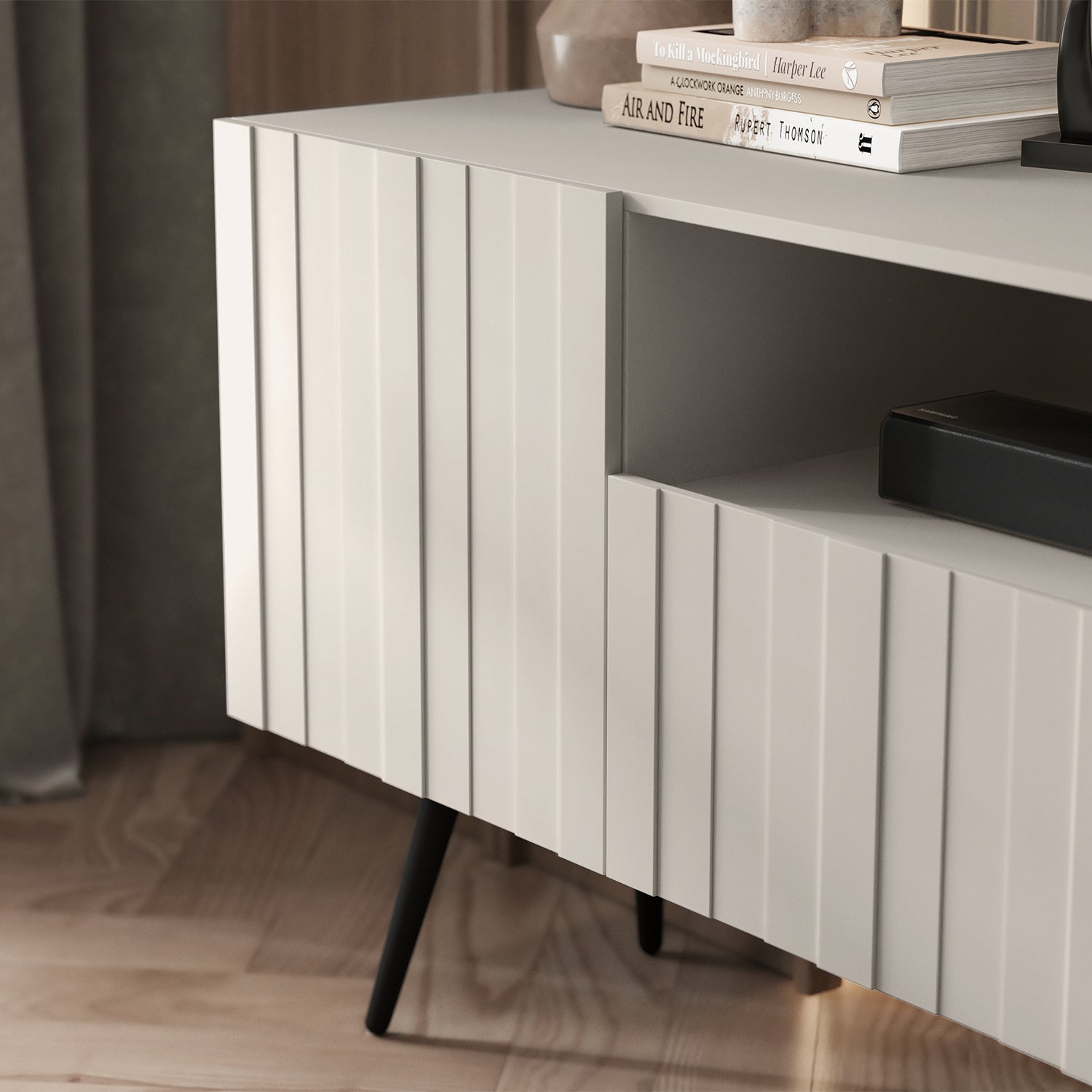 Elpis Glamour Standing TV Cabinet Media Unit with Storage 2D1K 150cm - Cashmere Matt / Black Legs