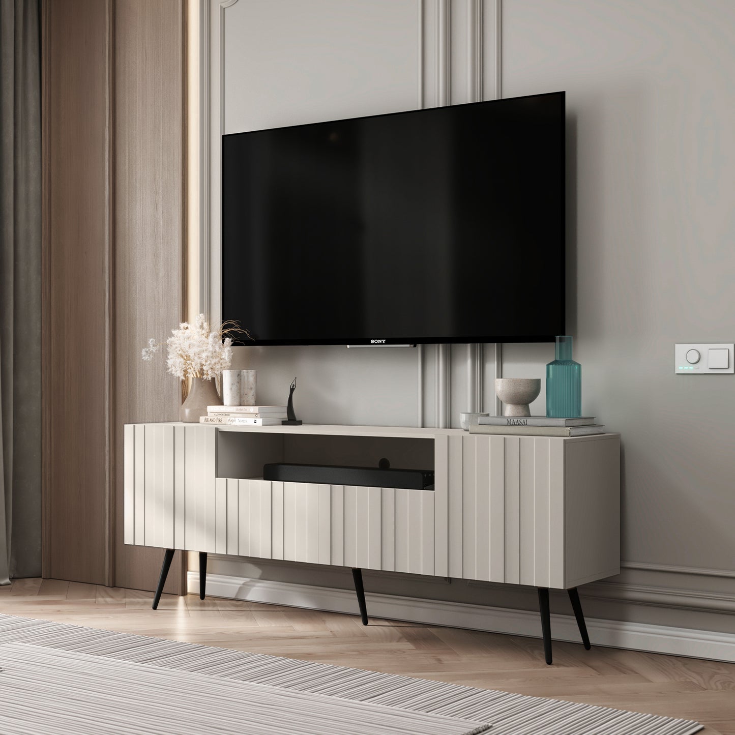 Elpis Glamour Standing TV Cabinet Media Unit with Storage 2D1K 150cm - Cashmere Matt / Black Legs