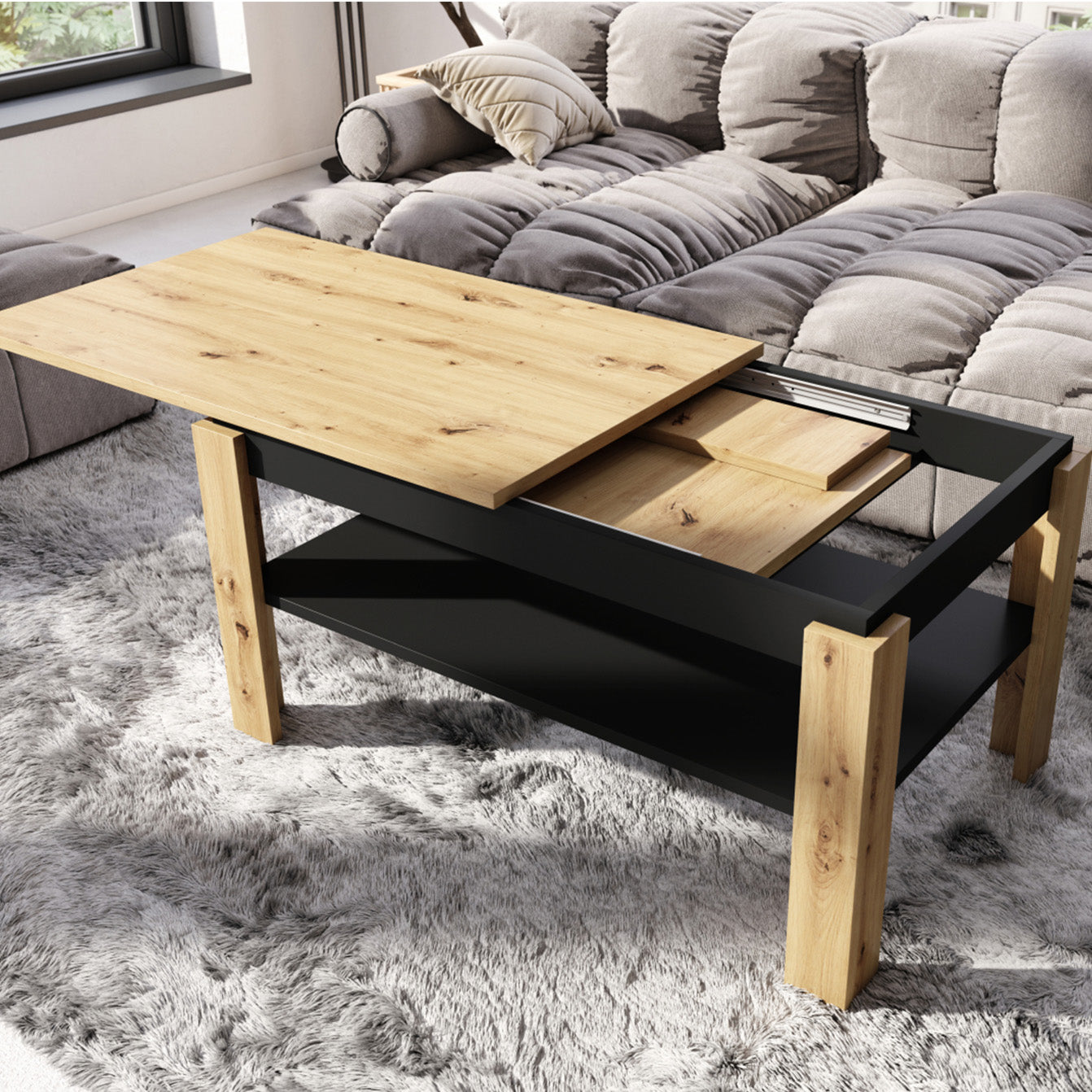 Asti-R Extending Coffee Table Contemporary Style - Artisan Oak / Black Matt
