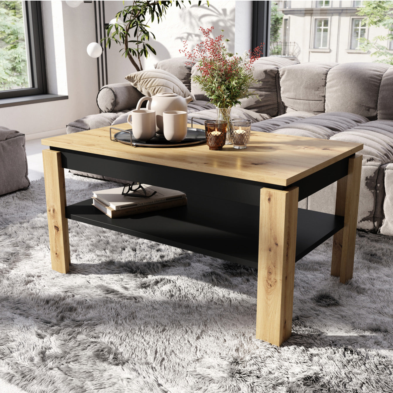 Asti-R Extending Coffee Table Contemporary Style - Artisan Oak / Black Matt