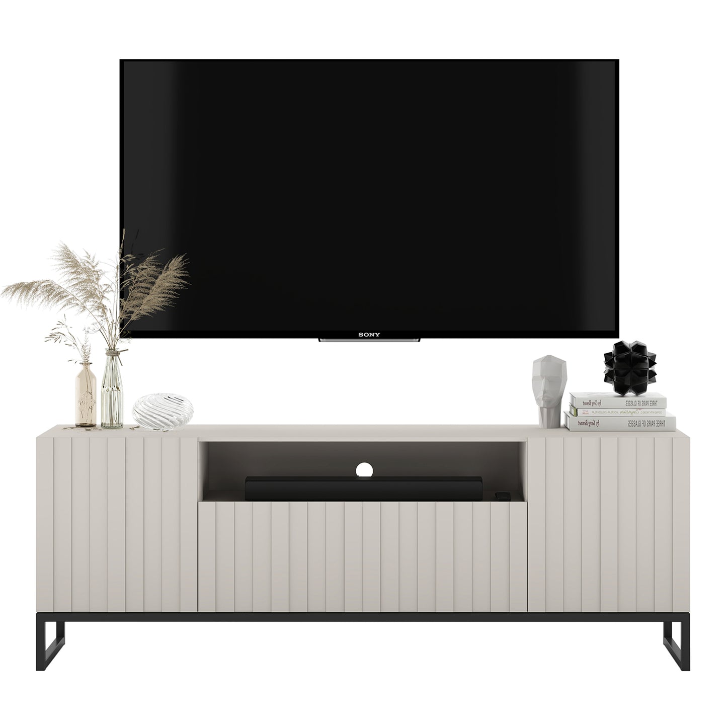 Elpis Glamour Standing TV Cabinet Media Unit with Storage 2D1K 150cm - Cashmere Matt / Black Frame