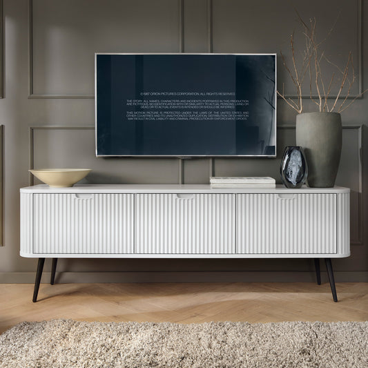 Signe Ribbed Elegant TV Unit - White / Black Legs