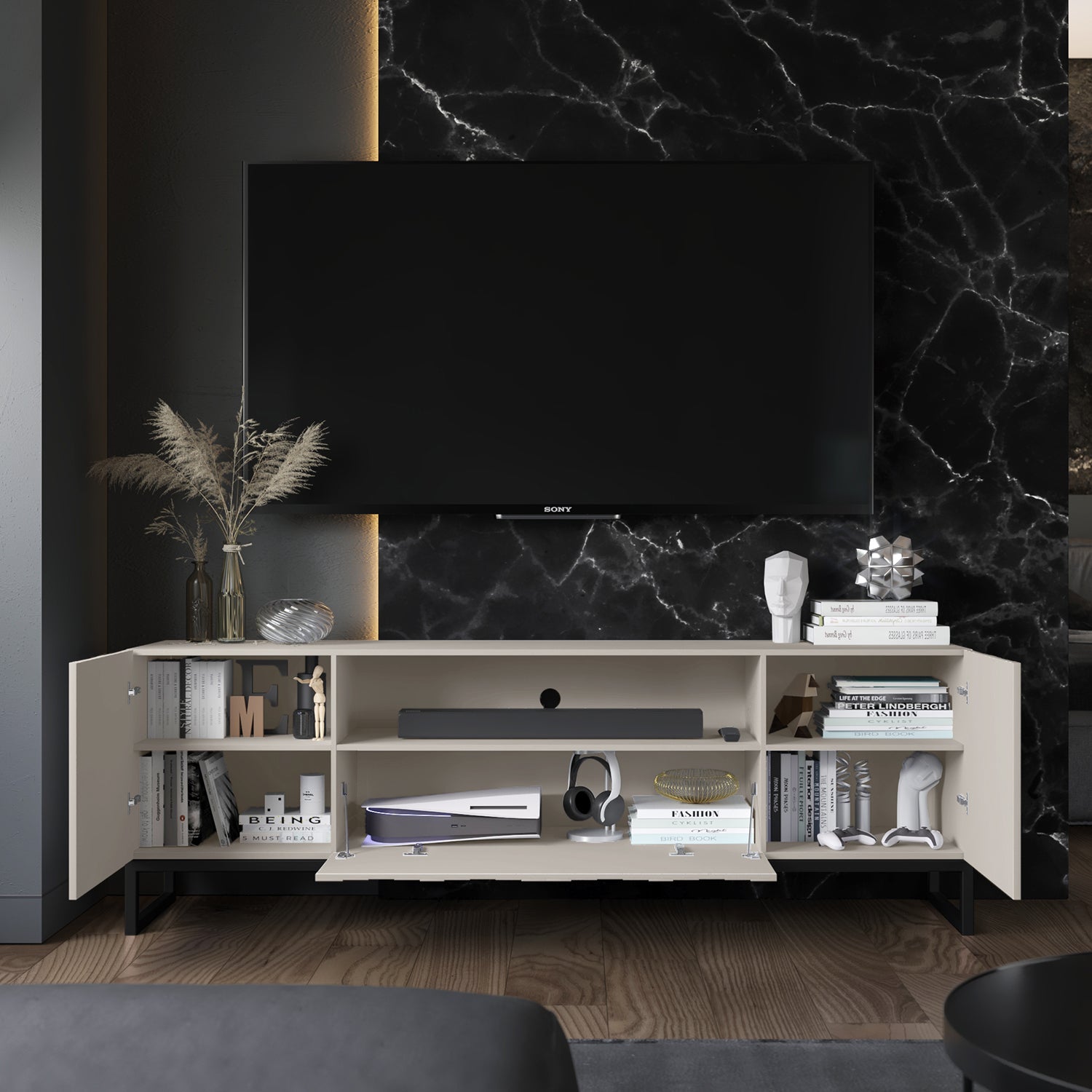 Elpis Glamour Standing TV Cabinet Media Unit with Storage 2D1K 150cm - Cashmere Matt / Black Frame