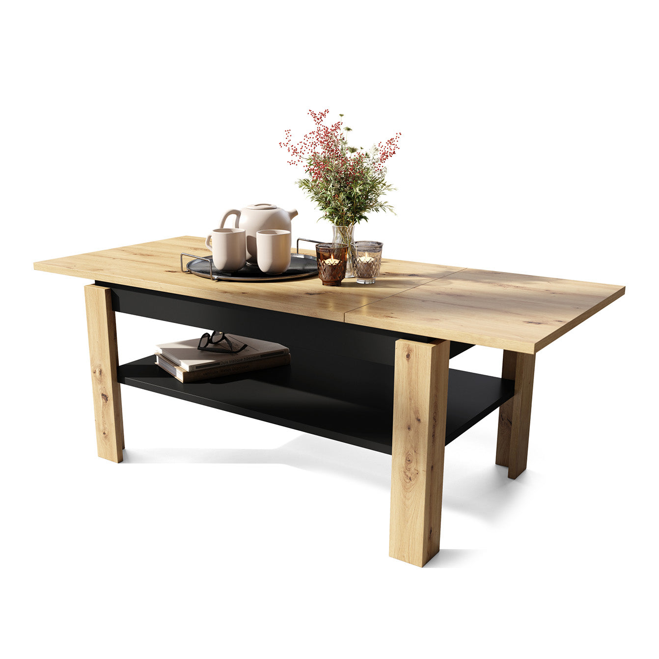 Asti-R Extending Coffee Table Contemporary Style - Artisan Oak / Black Matt