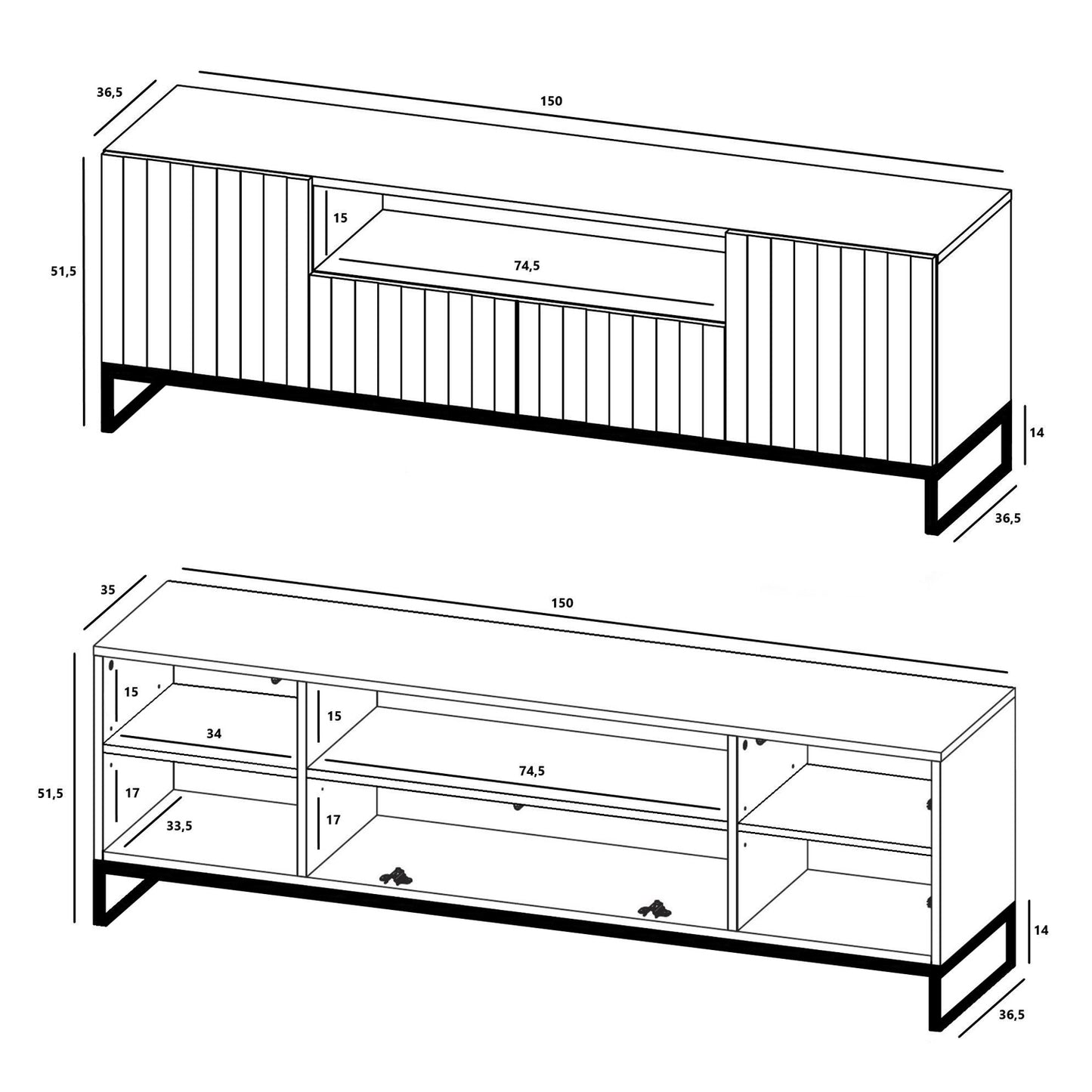 Elpis Glamour Wall-Mounted TV Cabinet with Storage 2D1K 150cm - Black Matt